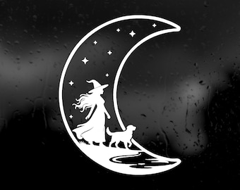Die Cut Vinyl Decal - Witch Walking Her Dog On The Moon