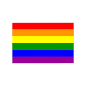 May include: A rainbow pride flag with six horizontal stripes in the colours red, orange, yellow, green, blue, and purple.
