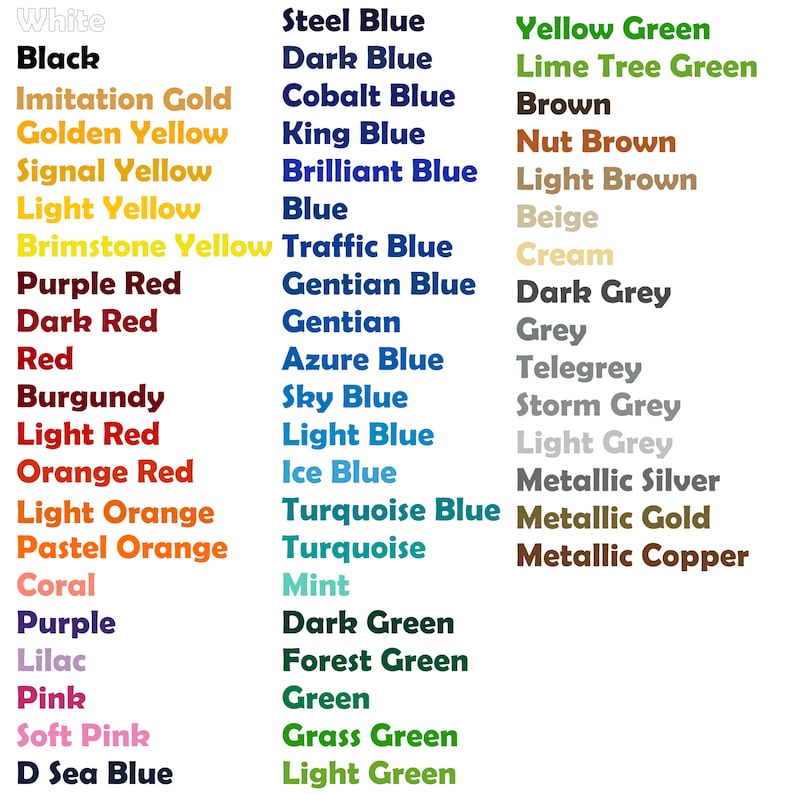 May include: A chart with a list of color names in different shades of blue, green, red, yellow, orange, brown, grey, and silver. The color names are listed in two columns.