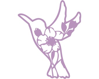 Puede incluir: Silueta de colibrí de color lavanda con detalles florales. El ave se representa en vuelo, con una gran flor y hojas que llenan su cuerpo. El diseño está recortado, creando un efecto de espacio negativo sobre un fondo blanco.