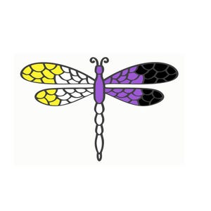 May include: A purple, yellow, and black dragonfly with a white body. The dragonfly's wings are patterned with scales.