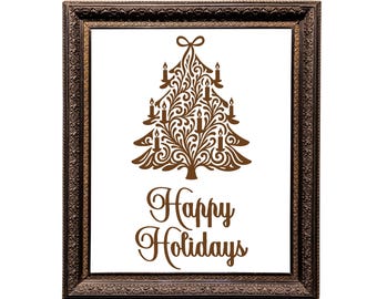 Die Cut Vinyl Decal - Victorian Tree Happy Holiday Decal