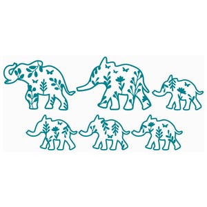May include: A set of five teal blue elephant silhouettes with floral and butterfly designs. The elephants are arranged in a line, with the largest elephant at the left and the smallest elephant at the right.