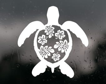Décalcomanie de carapace d'hibiscus tortue de mer en vinyle découpé - Sticker autocollant étanche véhicule, fenêtre, gobelet
