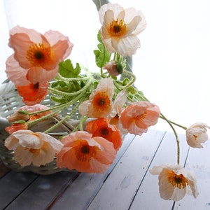 Artificial Wild Poppy Flower Stem With Leaves 4 Heads Meadow Poppies  Available in Red, Orange, Yellow, or White 