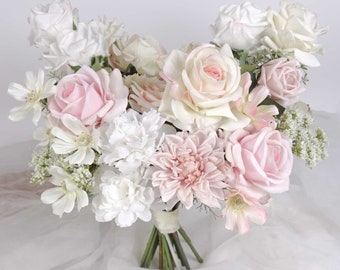 Bridal Bouquet | Real-touch Rose Dahlia Cosmos Wedding Bouquet | Hand-tied Flower Bouquet | Artificial Wedding Bouquet