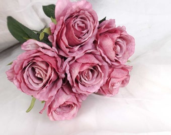 6 Heads Rose Bouquet 38cmH | Wedding Bouquet | Floral Arrangements | Mauve Rose | Artificial Flowers Australia
