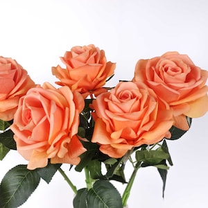 Real Touch Big Head Garden Rose Stem in Orange 65cmH | Artificial Faux Flowers | Rose Stem | Single Rose Flower