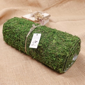 May include: A roll of preserved green moss, tied with twine and a small white tag that reads "The real and natural preserved moss, perfect for crafts and decorations."  The moss is on a brown hessian surface.