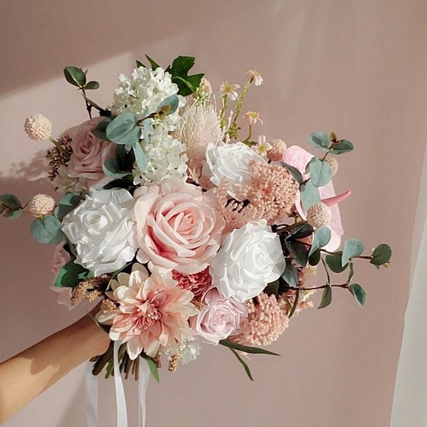 Bouquet de mariage artificiel rose dahlia 36 cm W rose pêche blanc mariage bouquet de mariée faux bouquet de mariage bouquet de demoiselle d'honneur