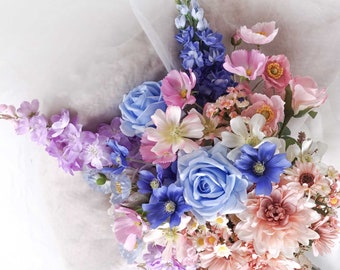 Pastel Rose Dahlia Cosmos Poppy Bouquet 60cmH x 40cmW | Hand-tied Flower Bouquet | Artificial Wedding Flowers | Home Decor