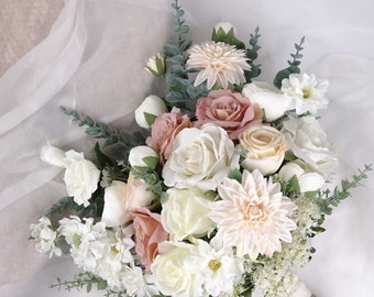 Dahlia Rose Pastel Bouquet 40cmW x 50cmH | Hand-tied Flower Bouquet | Artificial Flowers | Home Decor | Wedding Party