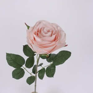 May include: A single, light pink artificial rose with green leaves and a long stem.