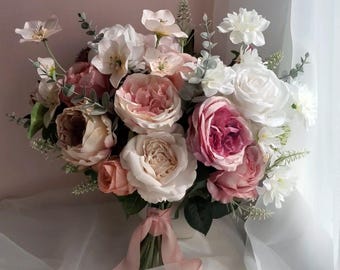 Pastel Pink White Rose Wedding Bouquet 36cmW Artificial Silk Bridal Bouquet Faux Bridal Bridesmaid Bouquet Dusty Pink White Bouquet