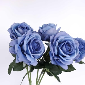 Real Touch Big Head Garden Rose Stem in Blue 65cmH | Artificial Faux Flowers | Rose Stem | Single Rose Flower