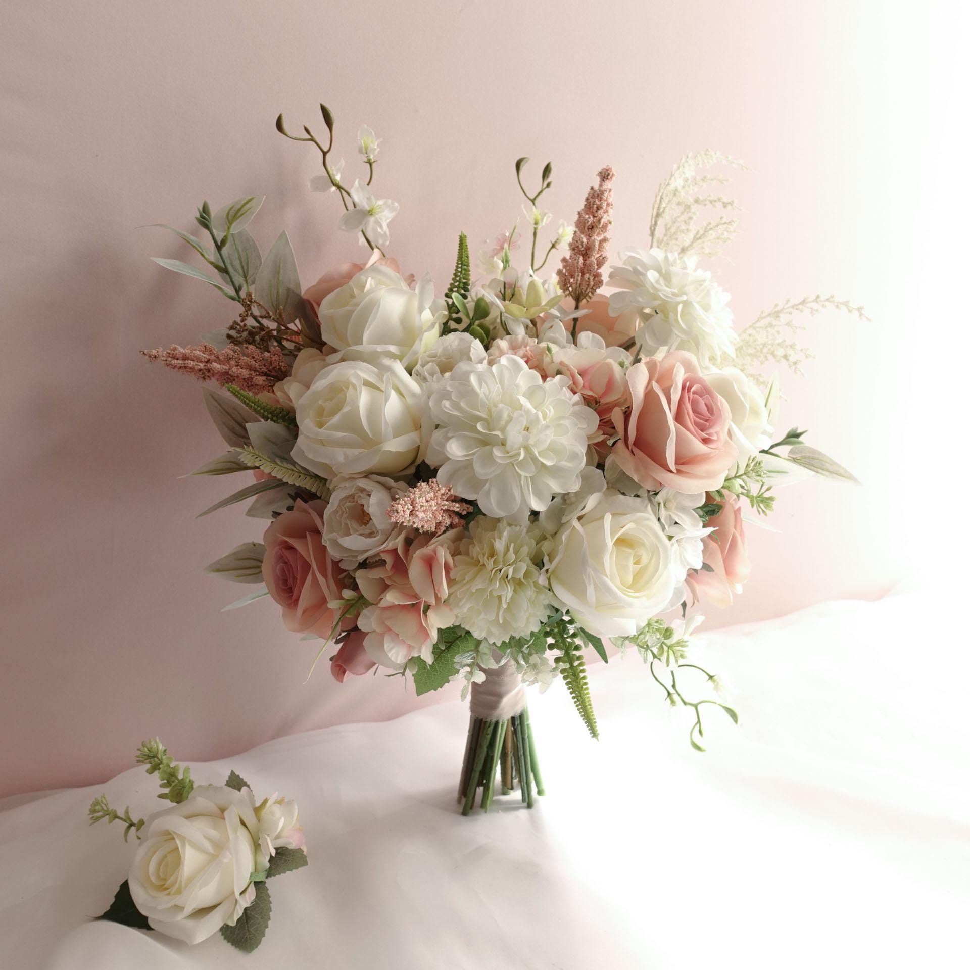 White Blush Roses White Blush Rose Dahlia Wedding Bouquet 35cmw Silk Faux Bridal Bouquet ...