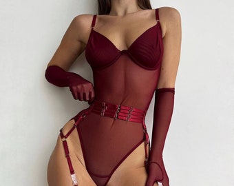 Burgundy see through bodysuit - CLEAR | Handmade lingerie in custom size Different mesh colors in stock