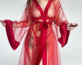 See through robe - Handmade lingerie in custom sizes Available in Red, Black and White colors