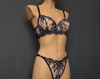 Embroidered Lingerie Floral Bra and Panty, Garter belt Transparent Underwear for women
