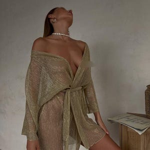 Christmas Gold See through transparent robe - TOKIO | Sheer mesh robe Bridal robe Sheer lingeries dress Boudoir negligee nightgown for women
