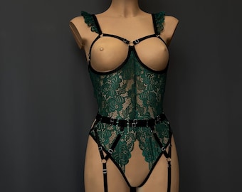 Emerald Green Lace Bodysuit Lingerie Set with Garter Belt Straps Custom Size Lingerie for women XS -5XL