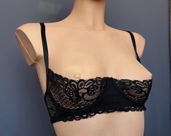 Black lace cupless bra - ROVENA | Shelf bralette Custom size made bra Mature lingerie