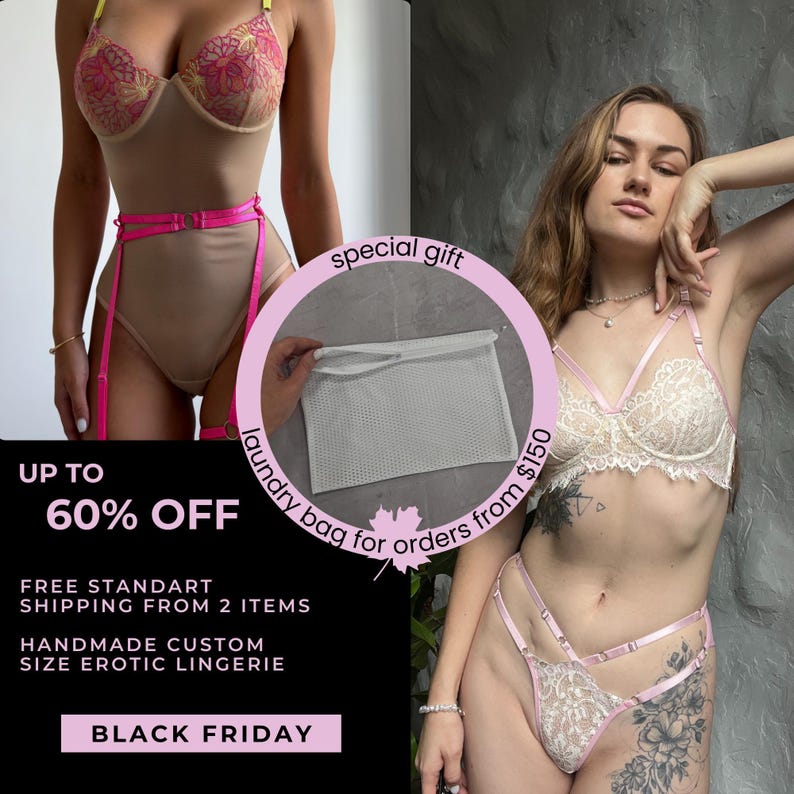 a woman wearing a bra and panties with a pink ribbon around her waist