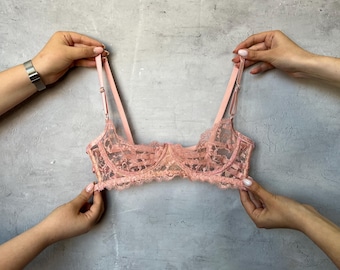 Bralette trasparente a mezza coppa, reggiseno a balconcino in pizzo rosa con supporto, lingerie personalizzata