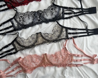 Sujetador abierto sin copas Sujetador tipo estante con soporte Bralette transparente de encaje bordado - Roxy / Lencería personalizada hecha a tu medida