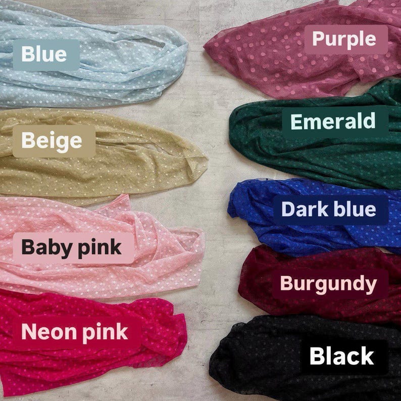 a collection of colorful fabric swatches, each with a label indicating the color and pattern.