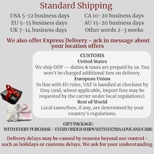 The image is a collage of various shipping options and customs regulations, providing information about the shipping and customs processes for different countries and business days.