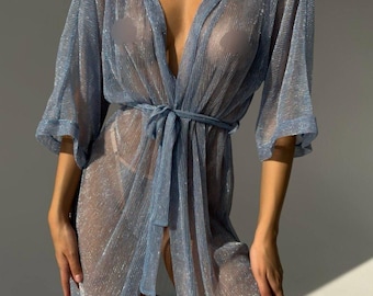 Schiere Mesh Dessous Robe - Glänzend durchsichtiges Nachthemd
