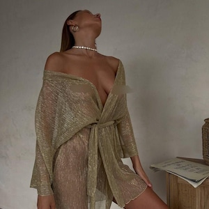 Gold mesh transparent robe - TOKIO |Sheer mesh robe,Bride sheer robe, see through dress,Sheer lingeries,See through robe nightgown for women