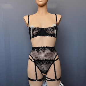 Cupless lingerie Open nipple 1/4 cup bra - ROVENA | Custom size handmade lingerie with support Bra and Panties with Garter belt
