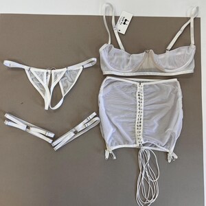 Transparent Crotchless lingerie skirt with lacing KLEO Open crotch panty Garter belt See through panty Sheer Plus size skirt Ouvert lingerie