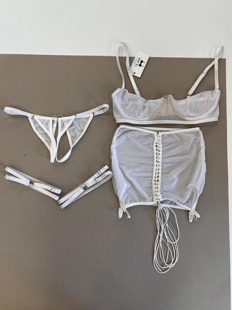 Transparent Crotchless lingerie skirt with lacing KLEO Open crotch panty Garter belt See through panty Sheer Plus size skirt Ouvert lingerie