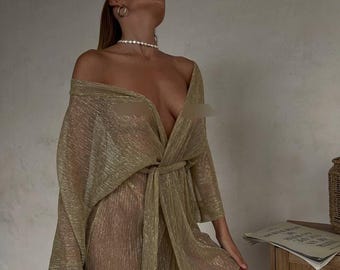 Bata transparente de malla dorada - TOKIO / Bata de malla transparente, Bata transparente de novia, Vestido transparente, Lencería transparente, Camisón transparente para mujer