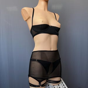 Transparent Crotchless lingerie skirt with lacing KLEO Open crotch panty Garter belt See through panty Sheer Plus size skirt Ouvert lingerie