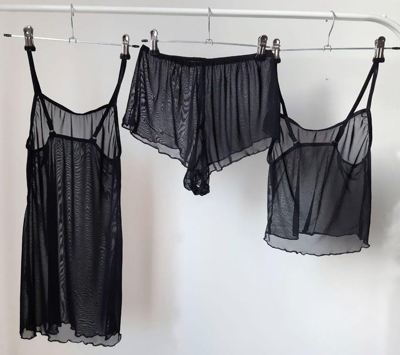See through nightie Mesh nightgown Seductive negligee lingerie Sexy nightgown Crop top Sheer shorts Transparent pajamas image 4