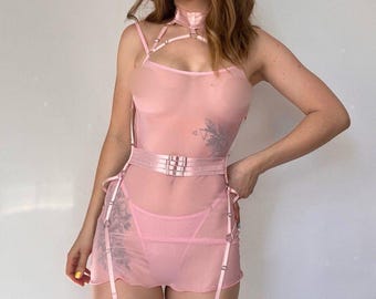 Baby Pink Sheer Nightgown – See Through Mesh Lingerie, Transparent Babydoll Dress, Sexy Night Dress Gift