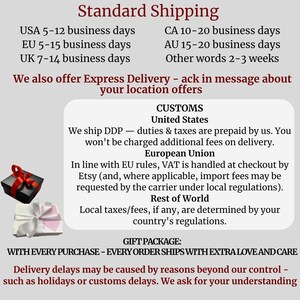 The image is a collage of various shipping options and customs regulations, providing information about the shipping and customs processes for different countries and business days.
