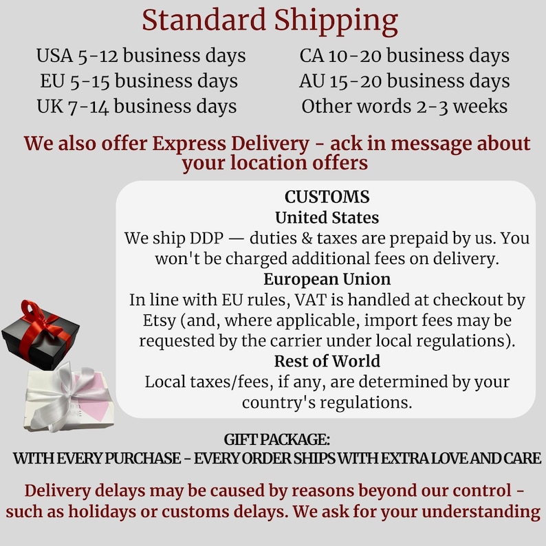 The image is a collage of various shipping options and customs regulations, providing information about the shipping and customs processes for different countries and business days.