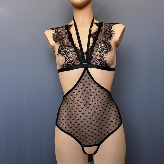 Crotchless Bodysuit Erotic Open Crotch Lingerie Cupless Bra Backless Panties TOUCH Plus Size  Lingerie Sheer Mesh Babydoll Polka Dots Teddy