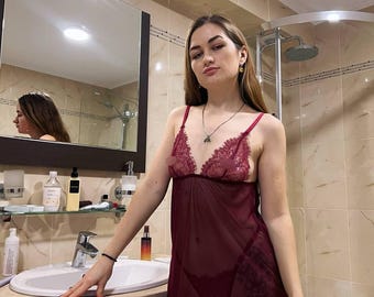 Burgundy Sheer Babydoll Dress, Transparent negligee See-Through Nightgown for women
