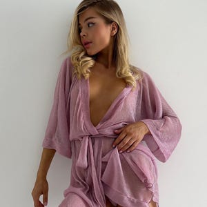 Pink shiny babydoll See through robe - TOKIO | Sheer mesh robe, Bride sheer robe, see through dress, Sheer lingeries, See thru nightgown
