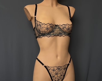 Shelf bra open Quarter cup 1/4 half cup bralette Sheer thong panties See through underwear Open crotch bra and panty set in Custom sizes