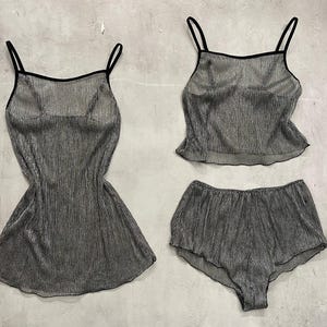 Dark Blue Lurex Pajama Set - See Through Nightie Sheer Nightgown Crop Top and Mini Shorts Nightdress+Pajamas