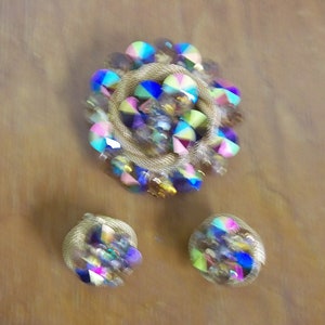 Unique Vintage Multicolored Brooch & Clip Earring Set