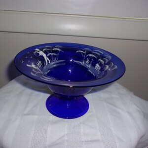 Vintage Handpainted Cobalt Blue Art Glass Bowl