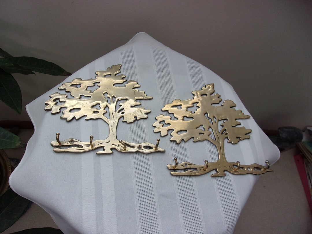 Pair of Vintage Brass Tree Wall Hangings With Hooks for Keys or Other